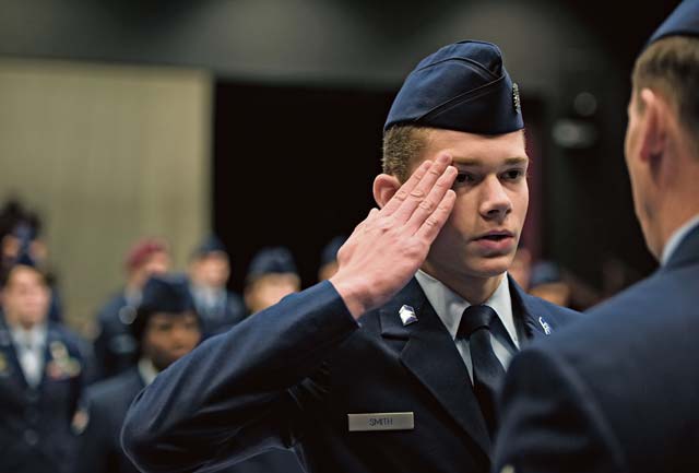 Brett Smith, Ramstein High School Junior Reserve Officers’ Training Corps flight commander, renders a salute during a uniform inspection Nov. 27 on Ramstein. The mission of the Air Force JROTC program is to develop citizens of character dedicated to serving their nation and community.