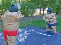Soldiers from the 21st Theater Sustainment Command’s 21st Special Troops Battalion prepare 
to sumo wrestle each other while wearing 50-pound sumo suits Sept. 6 during the 21st STB 
organizational day at Pulaski Park on Vogelweh Military Complex.