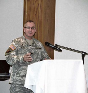 Chaplain (Lt. Col.) Stanley Allen, U.S. Army NATO Brigade chaplain, speaks about the importance of spiritual fitness as a key component of the overall Comprehensive Soldier Fitness plan during a breakfast gathering at the Sembach Community Activity Center. Service members and civilians from Sembach tenant units attended the event.