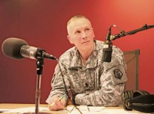 by Sgt. 1st Class Matthew ChlostaCommand Sgt. Maj. James L. Murrin, acting 21st Theater Sustainment Command senior enlisted leader and permanent 7th Civil Support Command CSM, listens to a Soldier’s query Monday afternoon in the Armed Forces Network Kaiserslautern studio. The Boston native discussed Soldier professional development and answered questions submitted by Soldiers and civi-lians during the weekly 21st TSC radio program hosted by Sgt. 1st Class Ian Camejo.