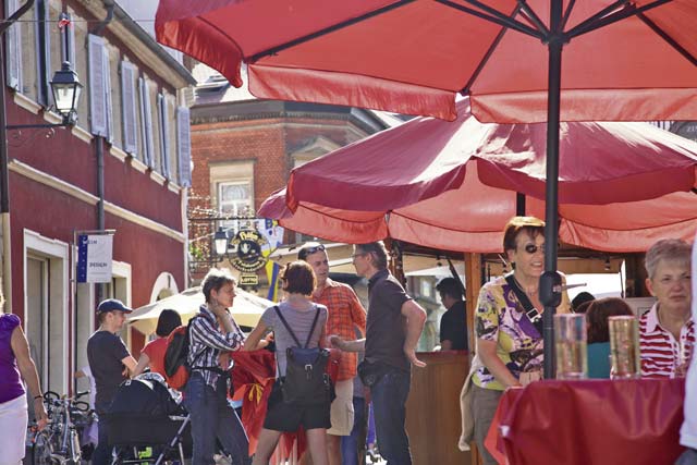 Caterers serve food specialties and vintners offer their wines during the old town fest Thursday to June 1 in Freinsheim.