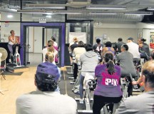 Courtesy photo
Participants of an indoor cycling class follow the instructor’s lead as she guides them on the proper form of cycling on Ramstein. Participation is based on a walk-in bases and is available for all age groups. The southside fitness center hosts an indoor cycling class everyday for all Department of Defense ID cardholders.
