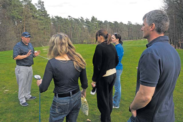 Bruce Loome, Woodlawn Golf Course golf pro and a member of the British PGA, describes the basic  fundamentals to students Tuesday on Ramstein. From April to October on Tuesdays and Thursdays, Loome offers 90-minute lessons to those interested in learning more about golf.
