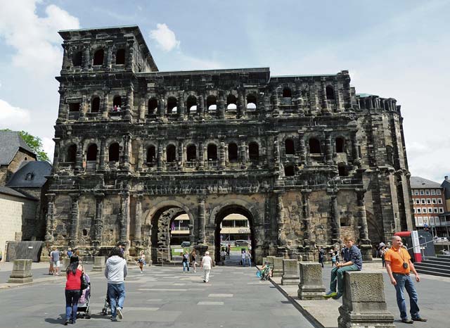 The view of the south side of Porta Nigra, Latin for “Black Gate,” in Trier, Germany, is a beautiful site to see. For just a few euro, tourists can explore the gate.