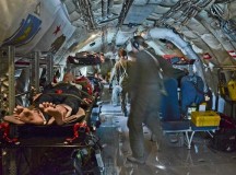 Airmen from the 86th Aeromedical Evacuation Squadron on Ramstein secure their medical equipment on a KC-135 Stratotanker over Germany. The crew performed an in-flight emergency and went over several scenarios and tanker statistics to help them prepare for future operations on the KC-135.