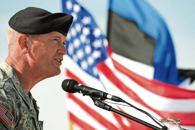 Photo by Sgt. Daniel ColeMaj. Gen. Richard C. Longo, deputy commander of U.S. Army Europe, speaks to U.S. and Estonian soldiers during a ceremony marking the start of land forces exercises. The general retired Tuesday after serving the Army for 34 years.