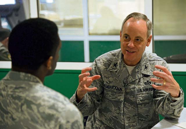 Photo by Senior Airman Timothy MooreCol. Gordon Hendrickson, U.S. Air Forces in Europe director of intelligence, speaks with Capt. Ty Axson, USAFE chief of Current Intelligence, Surveillance and Reconnaissance Operations-Europe, during a Senior Leader-to-Company Grade Officer Speed Mentoring event Dec. 16 on Ramstein. Senior leaders from around the KMC mentored CGOs on various subjects, including career progression and networking.