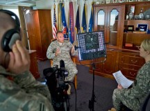 Photos by Master Sgt. Wayne Clark

U.S. Army Sgt. Abigail Waldrop and Airman 1st Class Aaron Richardson, American Forces Network broadcasters, 
interview Gen. Philip M. Breedlove, U.S. Air Forces in Europe and Air Forces Africa commander, April 25 as he prepares to take command of U.S. European Command and NATO’s Supreme Headquarters Allied Powers Europe.