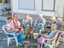 Courtesy photoHella Ullinger (third from left) and Morbach residents come together and prepare fruit for plum butter to be offered during the annual Latwerch Fest Sunday.