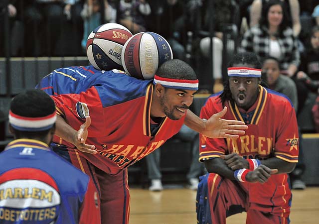 Donte “Hammer” Harrison, Harlem Globetrotter forward, shows some of his talents.