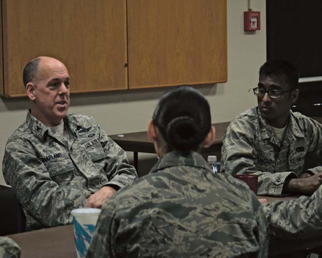 Col. John Shapland, 435th Air Ground Operations Wing commander, speaks to members of the  KMC Company Grade Officers’ Council April 4 at Ramstein. Shapland shared his Air Force story and provided mentorship to more than 20 CGOs during the professional development event.
