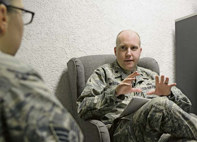 Lt. Col. Thomas Westbrook, 86th Airlift Wing inspector general, listens to an Airman in the 86th AW Inspector General office Dec. 13 on Ramstein. The IG works to ensure all Airmen receive fair and equitable treatment free of reprisal or consequence.