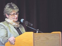 Marianne von Hagen-Baralt speaks during the Holocaust Day of Remembrance event April 12 at the Ramstein Community Center. Hagen-Baralt spoke about her grandfather, Albrecht von Hagen, who assisted with the assassination attempt on Adolf Hitler and her experience on growing up in post-war Germany.