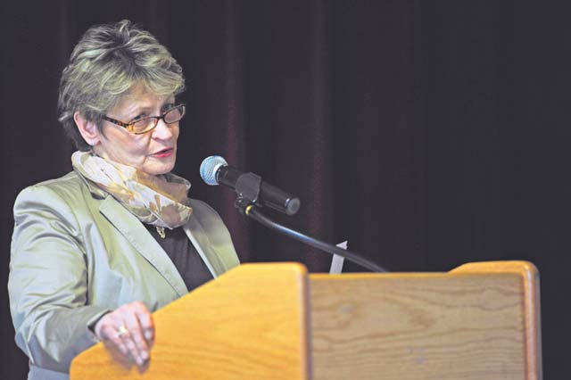 Marianne von Hagen-Baralt speaks during the Holocaust Day of Remembrance event April 12 at the Ramstein Community Center. Hagen-Baralt spoke about her grandfather's cousin, Albrecht von Hagen, who assisted with the assassination attempt on Adolf Hitler and her experience on growing up in post-war Germany.