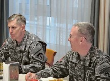 Photo by Staff Sgt. John ZumerLt. Gen. Donald M. Campbell (left), U.S. Army Europe commanding general, Col. Gregory Brady, 10th Army Air and Missile Defense Command commander, listen to a question posed by a 10th AAMDC Soldier during a leaders’ luncheon Feb. 6 in Kaiserslautern.