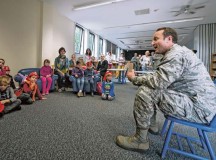 Lt. Gen. Tom Jones, U.S. Air Forces in Europe and Air Forces Africa vice commander, talks to a group of children from the Villa Winzig Kindergarten during a tour of Ramstein Air Base Oct. 2. With more than 55,000 American citizens living in the greater Kaiserslautern area, U.S. Air Force units have shared a 60-year partnership with their host nation counterparts, and since 2009, several groups of German kindergarten children have visited Ramstein to continue those relationships.