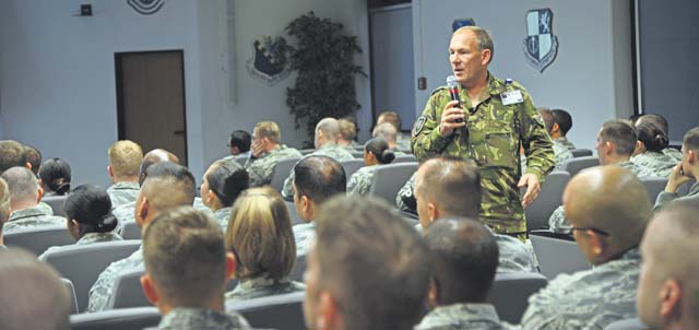 Chief Warrant Officer Johannes Linnenbank, NATO School NCO Professional Department director, speaks about cultural diversity Nov. 5 at the U.S. Air Forces in Europe and Air Forces Africa Kisling NCO Academy auditorium. Linnenbank and other NATO leaders spoke during the fourth annual Cross-Cultural Awareness Professional Development Seminar.