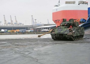 A Bradley Fighting Vehicle drives off the Independence II vessel Jan. 24 at Bremerhaven Port. The Bradley is one of more than  30 assigned to the European Activity Set, which will allow U.S. regionally aligned forces and multinational partners in Europe to operate as the European Response Force and NATO Response Force.