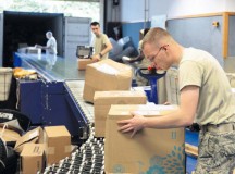 Senior Airman Colin Forney, 86th Communications Squadron postal specialist, sorts packages Sept. 9 at the Ramstein Northside Post Office.