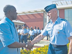 Photo by Airman 1st Class Jordan Castelan Lt. Gen. Craig A. Franklin, 3rd Air Force commander, shakes hands with Ghanaian vice president Kwesi Amissah-Arthur after their meeting with 10 African air chiefs Aug. 21 in Accra, Ghana.