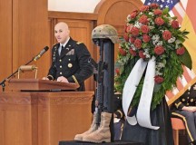 Chief Warrant Officer 2 Chris Kellenberger, Sgt. Joseph Peters’ supervisor, gives the eulogy during a memorial for Peters, the first special agent from the U.S. Army Criminal Investigation Command to die in combat since the command formed in 1971.