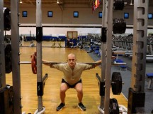 Tech. Sgt. Joshua Morrissette, Battlefield Airman Prospect Training team leader, completes a set of squats during a workout session June 7 on Ramstein. The BAPT program’s main focus is to assist Airmen who want to cross train into special operations jobs and pass the physical ability and stamina test.