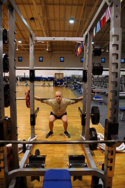 Tech. Sgt. Joshua Morrissette, Battlefield Airman Prospect Training team leader, completes a set of squats during a workout session June 7 on Ramstein. The BAPT program’s main focus is to assist Airmen who want to cross train into special operations jobs and pass the physical ability and stamina test.