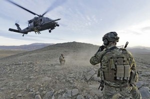 Members of the 83rd Expeditionary Rescue Squadron Guardian Angel arrive on-scene with an HH-60G Pave Hawk during a mission outside of Bagram Airfield, Afghanistan, March 12, 2013. The 83rd ERQS Guardian Angel is a small tactical unit that trains and executes their mission in personnel recovery throughout eastern Afghanistan. 