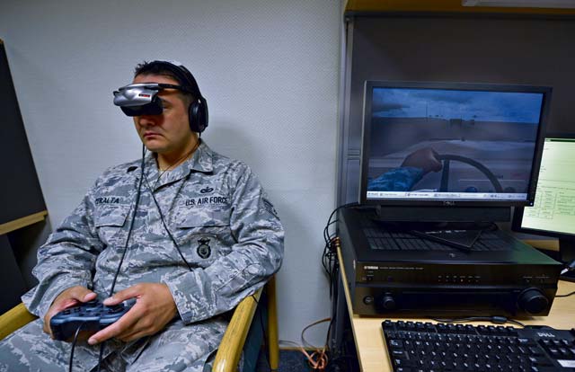 Photo by Airman 1st Class Jordan Castelan  Staff Sgt. Louie Peralta, 86th Security Forces Squadron operations controller, utilizes a virtual reality trainer Aug. 8 on Ramstein. The 86th Medical Group offers virtual reality therapy in conjunction with traditional therapy to treat post-traumatic stress disorder.  