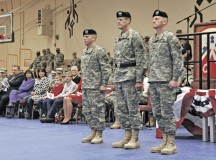 Col. J. Scott Murray, incoming commander of the 16th Sustainment Brigade, Maj. Gen. John R. O’Connor, commanding general of the 21st Theater Sustainment Command, and Col. Darren Werner, outgoing commander of the 16th Sust. Bde., stand in formation during a change of command ceremony Dec. 11 on Smith Barracks in Baumholder. Werner relinquished command of the 16th Sust. Bde. to Murray after serving as the brigade’s commander for two years.