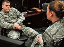 Chief Master Sgt. David Oddo, 603rd Air and Space Operations Center superintendent, mentors an Airman Jan. 24 on Ramstein. Oddo has an open-door policy with his Airmen to provide support and get them additional help if needed.