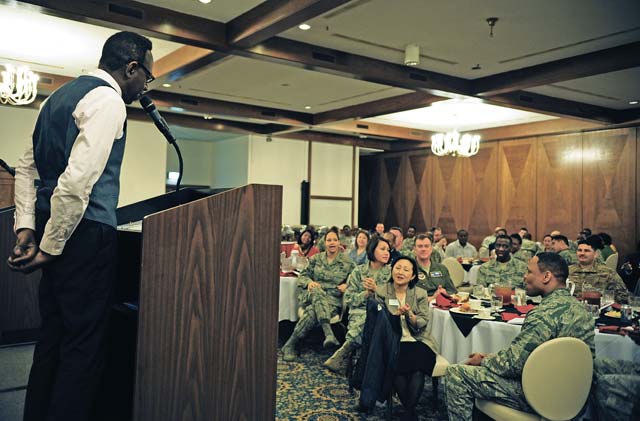Photo by Senior Airman Hailey HauxRoosevelt “The Voice” Isaac, 86th Force Support Squadron accounting technician, sings an a cappella version of “Stand by Me” during the Black History Month luncheon Feb. 20 on Ramstein. Every year the Air Force celebrates Black History Month during the months of February with events to honor African-American heritage and history.