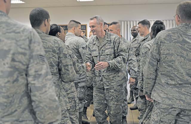 Lt. Gen. Darryl Roberson, 3rd Air Force and 17th Expeditionary Air Force commander, meets with Airmen from the 435th Air Ground Operations Wing during the 3rd Air Force immersion tour at the 435th Construction and Training Squadron compound Sept. 30 on Ramstein. During his tour of multiple units within the wing, Roberson learned about their day-to-day tasks and how they contribute to the overall Air Force mission.