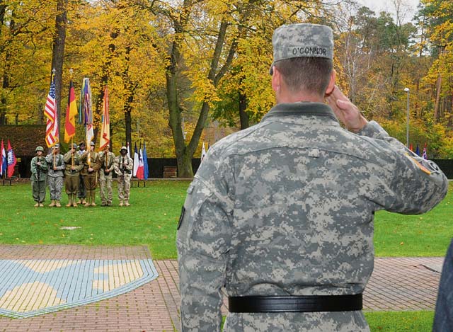Photo by Spc. Iesha HowardMaj. Gen. John R. O’Connor, commanding general of the 21st Theater Sustainment Command, renders a salute to the 21st TSC Color Guard during the 21st TSC’s Veterans Day observance held Nov. 7 on the Panzer Kaserne parade field. Veterans Day, originally known as Armistice Day, is observed annually on Nov. 11 and honors all who serve or have served in the U.S. armed forces. Veterans Day also coincides with other nations’ observances commemorating the end of hostilities during World War I on the 11th hour of the 11th day of the 11th month in 1918.