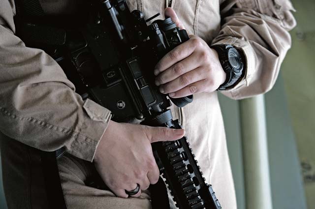 Senior Airman Brooke Walker, Fly Away Security Team member, keeps her weapon close as she pulls security in Central Africa Republic, Africa. F.A.S.T. members receive special training in aircraft security, as well as weapons retention and take away.