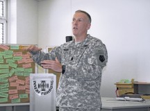 Command Sgt. Maj. Jim Murrin, the acting command sergeant major of the 21st Theater Sustainment Command, fields questions from German information officers during a presentation Aug. 28 at the Center for Leadership Philosophy in Koblenz. The presentation reflected and reinforced the strong bonds among allies, which extend even to training, mentorship and professional discourse.