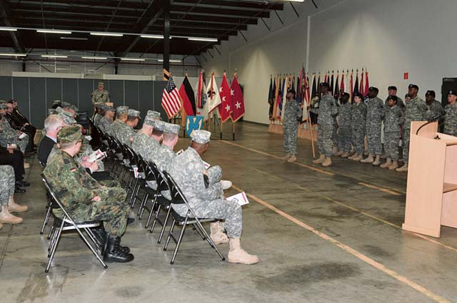 Members of the KMC and Headquarters U.S Army Europe G4 attend an Army “Best of the Best” Deployment Excellence Award ceremony Feb. 5 on Rhine Ordnance Barracks. The ceremony recognized Soldiers from the 21st Theater Sustainment Command’s 635th Movement Control Team.