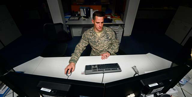 Master Sgt. Matthew DeLuca, 21st Operational Weather Squadron flight chief, performs a quality check on a joint operation  area forecaster Jan. 23 on Ramstein. The 21st OWS tracks weather patterns to provide commanders and operators with accurate, timely and relevant support for joint and combined operations across U.S. European Command and U.S. Africa Command to ensure the safety of cargo, aircraft and lives.