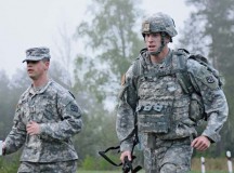 First Lt. Michael D. Thiesing, engineer officer with the 15th Engineer Battalion, 18th Eng. Brigade, 21st Theater Sustainment Command, takes part in a six-mile road march during the 21st TSC’s Best Warrior competition April 30. Thiesing earned the title of the 21st TSC’s Best Warrior Junior Officer.