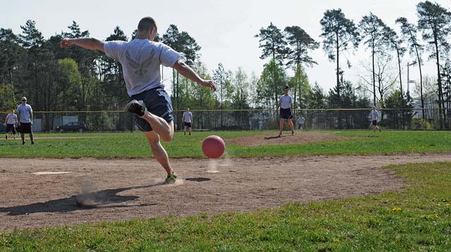 Photo by Airman 1st Class Holly MansfieldFirefighters from the 86th Civil Engineer Squadron and members of the 86th Vehicle Readiness Squadron compete in kickball during the Air Force Assistance Fund Sports Day April 11, 2014, on Ramstein. The sports day was held to collect money for the AFAF and to build comradery within different units on Ramstein.