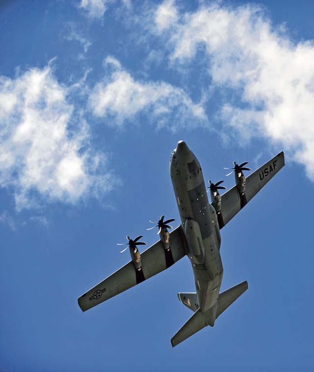 A U.S. Air Force C-130J Super Hercules from Ramstein performs a fly over at Powidz Air Base, Poland.  