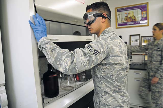 Photo by Senior Airman Timothy MooreSenior Airman Ariel Zabala, 86th Logistics Readiness Squadron fuels laboratory technician, tests fuel from a container. The fuels laboratory technicians go through a lengthy process to determine the contents of fuels.