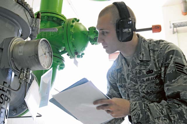 Staff Sgt. Miles Jennings, 86th Logistics Readiness Squadron fuels hydrant operations  supervisor, checks pressure gauges to ensure fuel is processing correctly in the under-ground fuel system Sept. 25 on Ramstein. The fuels flight provides support for all aircraft at Ramstein, making it the largest in the European Command and the fourth largest in the Air Force.