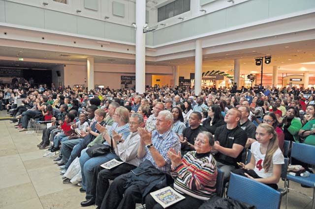 A full audience watches a Tops in Blue performance Sept. 13 in the KMC.