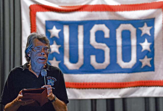 Author Stephen King reads from his recently released book “Doctor Sleep,” a sequel to his 1977 horror novel “The Shining,”  Nov. 18 on Ramstein. King led a multistop USO tour around the KMC, which included visits to the U.S. Army Garrison substance abuse program, Landstuhl Regional Medical Center and USO Warrior Center and concluded with a public reading and open forum.