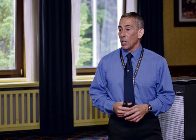 Tony Garcia, U.S. Army Europe’s Comprehensive Soldier and Family Fitness program manager, speaks to senior leaders from the 21st Theater Sustainment Command and U.S. Army Garrison Rheinland-Pfalz during the executive resilience and performance course May 30 on Vogelweh.