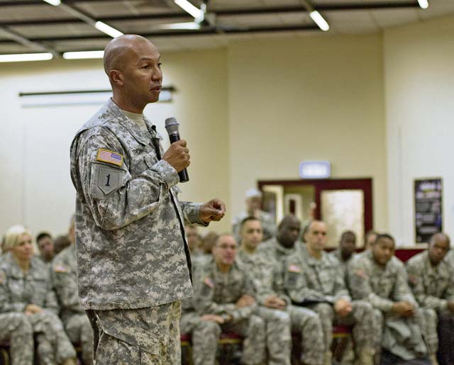 Command Sgt. Maj. Luther Thomas Jr., command sergeant major of the  Army Reserve, addresses 7th Civil Support Command Soldiers at the Kaiserslautern Community Activities Center Dec. 6.