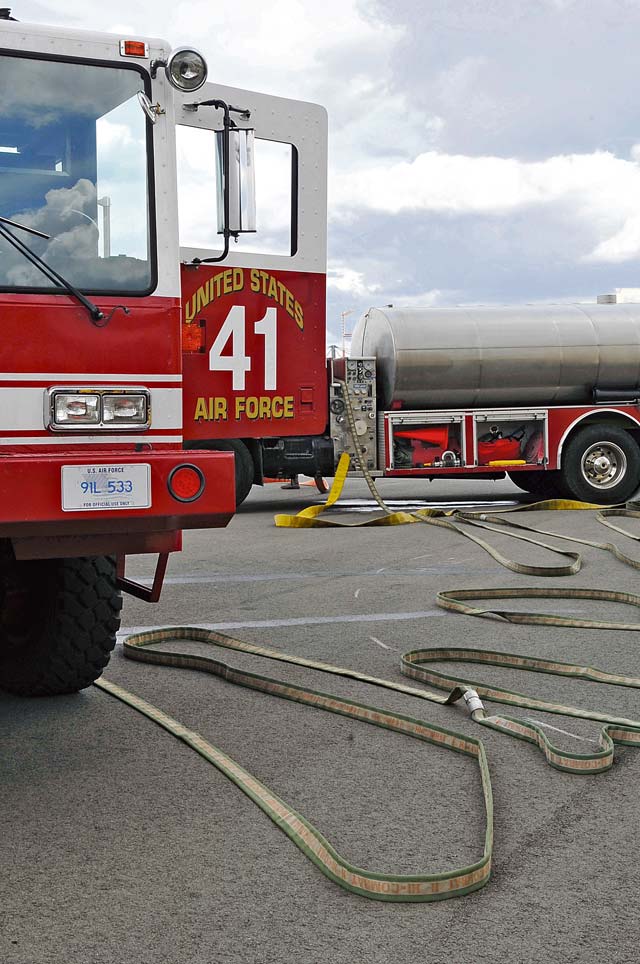 A fire truck sits as 86th Civil Engineer Squadron firefighters prepare for Silver Flag training  June 5 on Ramstein. Each fire truck is capable of carrying 3,000 gallons of water.