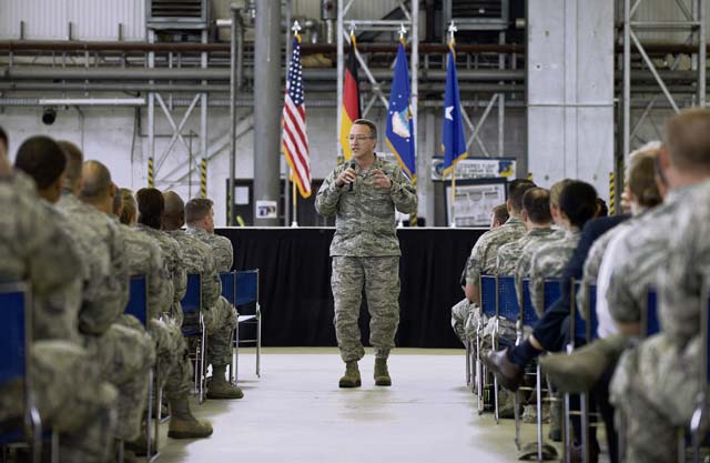 Photo by Senior Airman Jonathan StefankoBrig. Gen. Patrick X. Mordente, 86th Airlift Wing commander, speaks at a Sexual Assault Prevention and Response stand-down day commander’s call May 28 on Ramstein. The stand-down day gave units an opportunity to review facts about sexual assault and enhance awareness about behaviors of people who commit the crime.