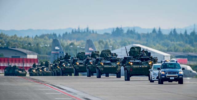Photo by Airman 1st Class Jordan CastelanU.S. Army Stryker infantry carrier vehicles convoy across the flightline during operations in support of Steadfast Javelin II Sept. 3 on Ramstein. The exercise featured a number of dynamic events designed to challenge multinational forces in airborne operations, conventional warfare scenarios, as well as stability and defensive operations, and support of civil authorities operations.